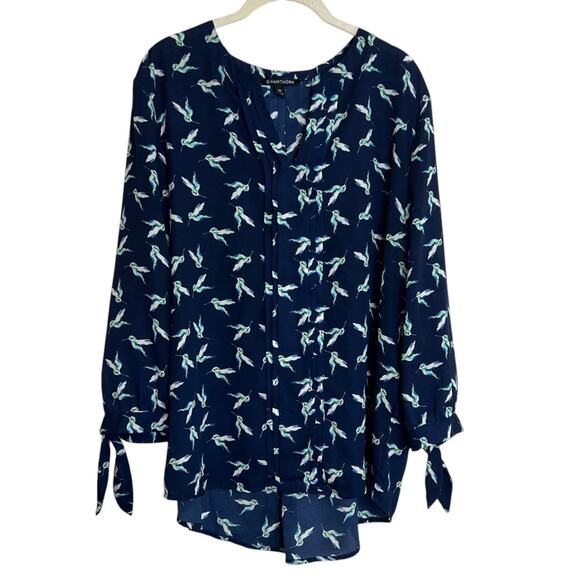 41 Hawthorn Womens Blouse XXL Navy Blue Hummingbird Print Tie Sleeve - Picture 1 of 7